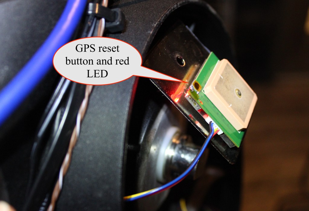 A photo showing the GPS receiver as mounted within one side of the telescope fork arm.